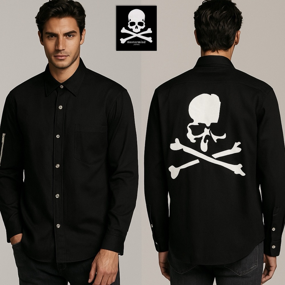 NWT Mastermind Japan XL Black Skull & Bones Cotton Button Down Shirt Menswear